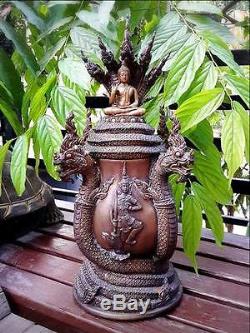 Magnificent Bronze Naga Buddha Meditation Holy Water Bowl Thai Amulet Wealth