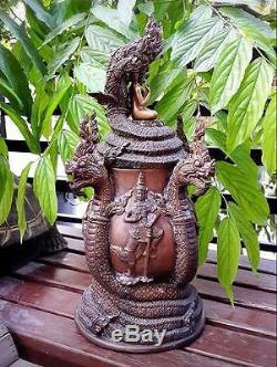 Magnificent Bronze Naga Buddha Meditation Holy Water Bowl Thai Amulet Wealth