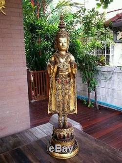 Masterpiece Antique Gilt Bronze Buddha Walking Meditation Thai Amulet Statues