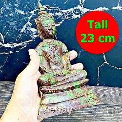 Meditating Bronze Statue Antique Ayutthaya Crown Buddha Armor Thai Amulet 16807