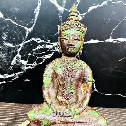 Meditating Bronze Statue Antique Ayutthaya Crown Buddha Armor Thai Amulet 16807