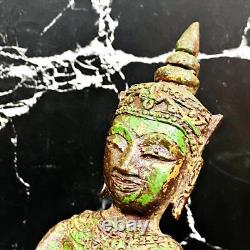 Meditating Bronze Statue Antique Ayutthaya Crown Buddha Armor Thai Amulet 16807