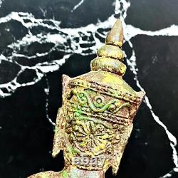 Meditating Bronze Statue Antique Ayutthaya Crown Buddha Armor Thai Amulet 16807