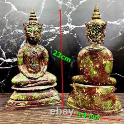 Meditating Bronze Statue Antique Ayutthaya Crown Buddha Armor Thai Amulet 16807