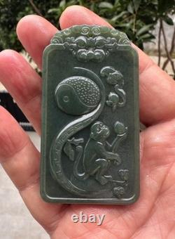 Natural Hetian Taqing Jade Vairocana Buddha Pendant Zodiac Monkey Tai Chi Amulet