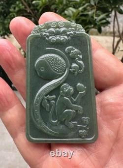 Natural Hetian Taqing Jade Vairocana Buddha Pendant Zodiac Monkey Tai Chi Amulet