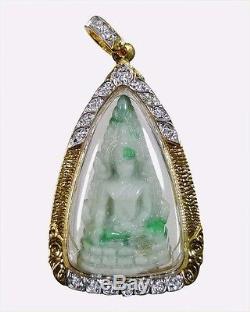 Phra Chinnarat Buddha Jade Carve Cz Diamond Gold Plated Pendant Thai Amulet