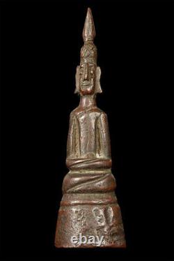 Phra Jinghong Anceint Buddha Lanchang Era Bronze 4.25 Statue Old Thai Amulet