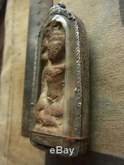 Phra Kru Nadool (Nadoon) Phim Nak prok, in old silver case Thai Buddha Amulet