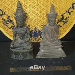 Phra Nang 2 Statues Buddha Chai NgangGod good Luck Khmer Antique Thai amulet NG3