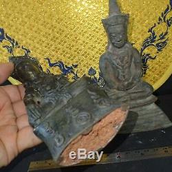 Phra Nang 2 Statues Buddha Chai NgangGod good Luck Khmer Antique Thai amulet NG3