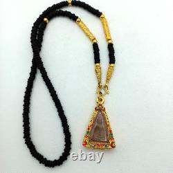 Phra Nang Phaya Thai Talisman Terracotta Buddha Gold Gilded Frame Lava Necklace