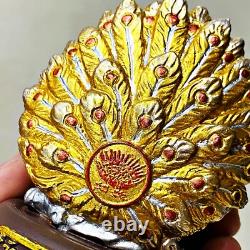 Pidta Closed Eye Buddha Kb Ariyachat Peacock Wealth Rich Gold Thai Amulet #17063