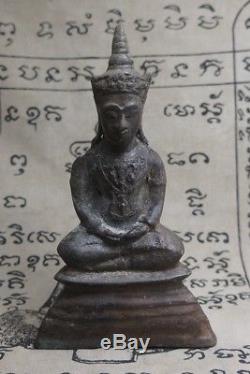 RARE GILDED BRONZE MEDITATING AYUTTHAYA CROWNED BUDDHA, MID 17th THAI AMULET #P1