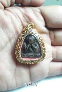RARE! Old Phra Pidta LP Kaew Wat Khruawan Gold Micron Casing Thai Buddha Amulet
