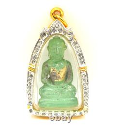 Rare Green Jade Carved Buddha Phra Kaew 18K Gold Plated Case Chiang Saen Art