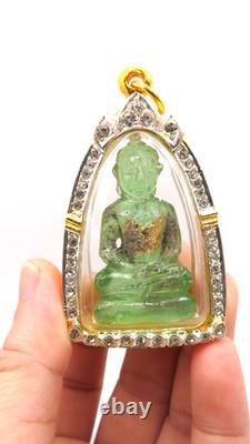 Rare Green Jade Carved Buddha Phra Kaew 18K Gold Plated Case Chiang Saen Art