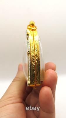Rare Green Jade Carved Buddha Phra Kaew 18K Gold Plated Case Chiang Saen Art