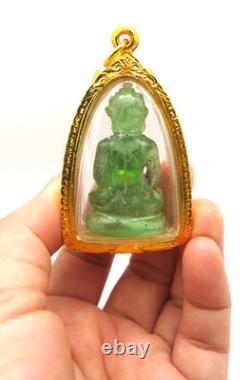 Rare Green Jade Carved Buddha Phra Kaew 18K Gold Plated Case Chiang Saen Art