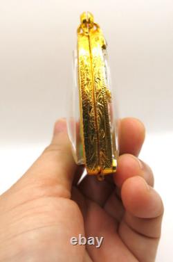 Rare Green Jade Carved Buddha Phra Kaew 18K Gold Plated Case Chiang Saen Art