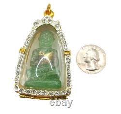 Rare Green Jade Carved Buddha Phra Kaew 18K Gold Plated Case Chiang Saen Art