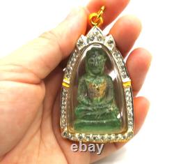 Rare Green Jade Carved Buddha Phra Kaew 18K Gold Plated Case Chiang Saen Art