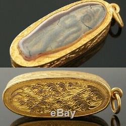 Rare Solid 24K Yellow Gold, Thai Buddha In Crystal Amulet Estate Pendant
