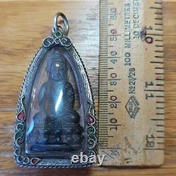 Rare Thai Buddha Amulet Phra Kring Gold Takroot set in old antique silver case