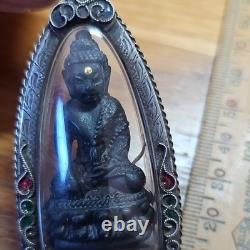 Rare Thai Buddha Amulet Phra Kring Gold Takroot set in old antique silver case