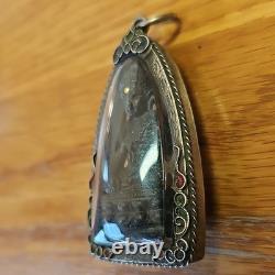 Rare Thai Buddha Amulet Phra Kring Gold Takroot set in old antique silver case