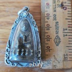 Rare Thai Buddha Amulet Phra Kring set in old antique silver case