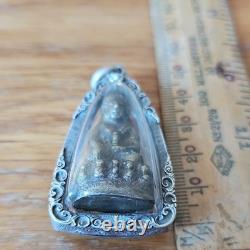 Rare Thai Buddha Amulet Phra Kring set in old antique silver case