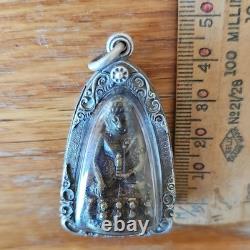 Rare Thai Buddha Amulet Phra Kring set in old antique silver case