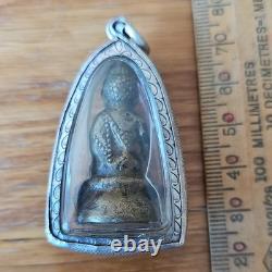 Rare Thai Buddha Amulet Phra Kring set in old antique silver case