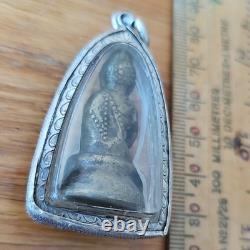 Rare Thai Buddha Amulet Phra Kring set in old antique silver case