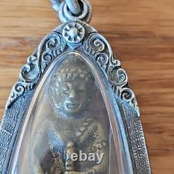 Rare Thai Buddha Amulet Phra Kring set in old antique silver case