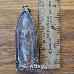 Rare Thai Buddha Amulet Phra Roung set in old Handmade antique Bronze case
