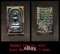 Real Thai Amulet Buddha Somdej Lek Lai coin prosperity, wealth, protect Ajarn Mom