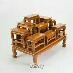 SET Of 10 Thai Teak Wood Gold Altar Tables Worship Buddha Buddhist Amulet