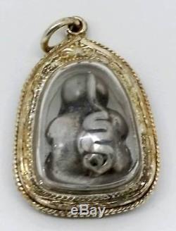 SOLID Silver 925 Phra Pidta Genuinebe Thai Buddha amulet, silver case 925 BE2470