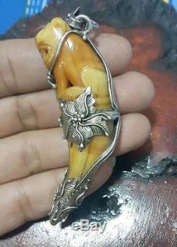 Silver Case Tooth Carving Tiger LP Pern Thai Buddha Amulet Protect Gain Wealth