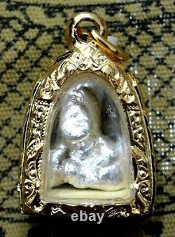 Silver Leklai LP Somporn Thai Amulet Buddha Gold Case Charm Pendant Necklace Old