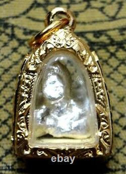 Silver Leklai LP Somporn Thai Amulet Buddha Gold Case Charm Pendant Necklace Old