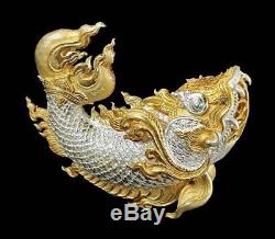 Silver Thai Art Sculpture Amulet Buddha Arnon magic Fish B. E. 2558 Good Fortune