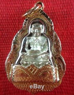 Thai Amulet Buddha LP Tuad Pendant Silver 925 And 24 K Gold Case Protection
