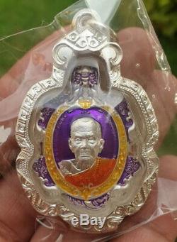 Thai Amulet Buddha Lp Moon Wat Banjan Turtle Settee Reaksub Silver Enamel No. 10