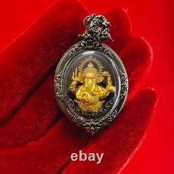 Thai Amulet Ganesh Gold Body White Satin Frame Buddha Phisek Worship Luck Wealth