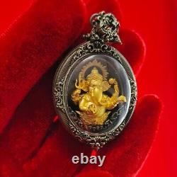 Thai Amulet Ganesh Gold Body White Satin Frame Buddha Phisek Worship Luck Wealth