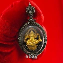 Thai Amulet Ganesh Gold Body White Satin Frame Buddha Phisek Worship Luck Wealth