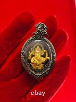 Thai Amulet Ganesh Gold Body White Satin Frame Buddha Phisek Worship Luck Wealth